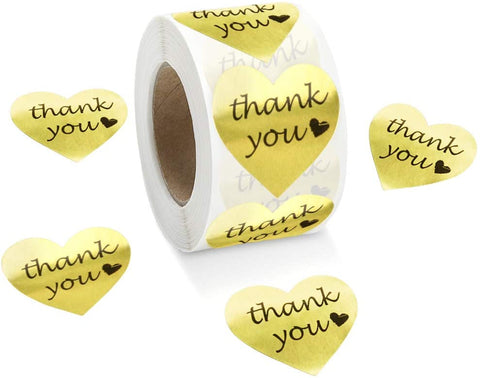 FungLam Gold Heart Shape Thank You Stickers, Foil Decorative Sealing Labels, 500 Stickers/Roll, 1.5" Diameter